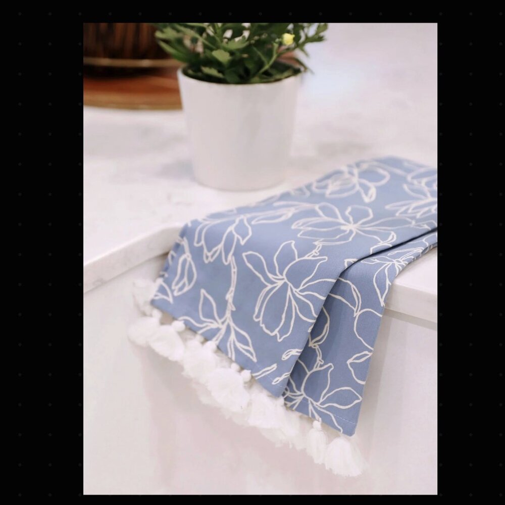 Mary Square - Tea Towel with Tassels Fringe Magnolia Blue (Set of 2)